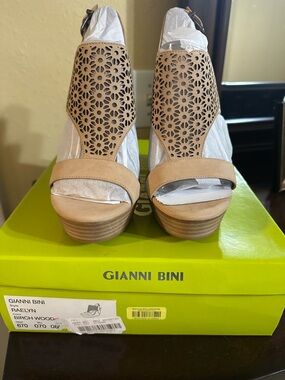Gianni Bini Taupe Laser-Cut Open-Toe Wedge Sandals